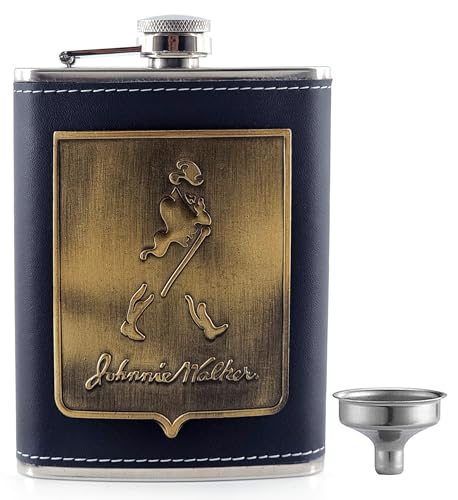 Image of JWPB Stainless Steel Hip Flask with Funnel 8 Oz (236 ml) I Stitched PU Leather Cladding with Metal Plate Design Whiskey Flask I Unisex Alcoholic Drinks Holder Pocket Bottle (JWP Black+Funnel)