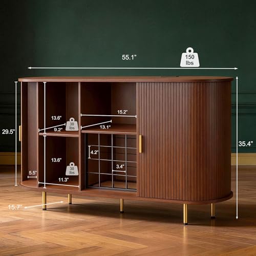 Image of DHH 55 inch Wine Bar Cabinet with Storage, Fluted Liquor & Coffee Bar Cabinet with Wine Rack and Glass Holder, Buffet Sideboard with LED Lights for Home Kitchen Living Dining Room(Walnut)
