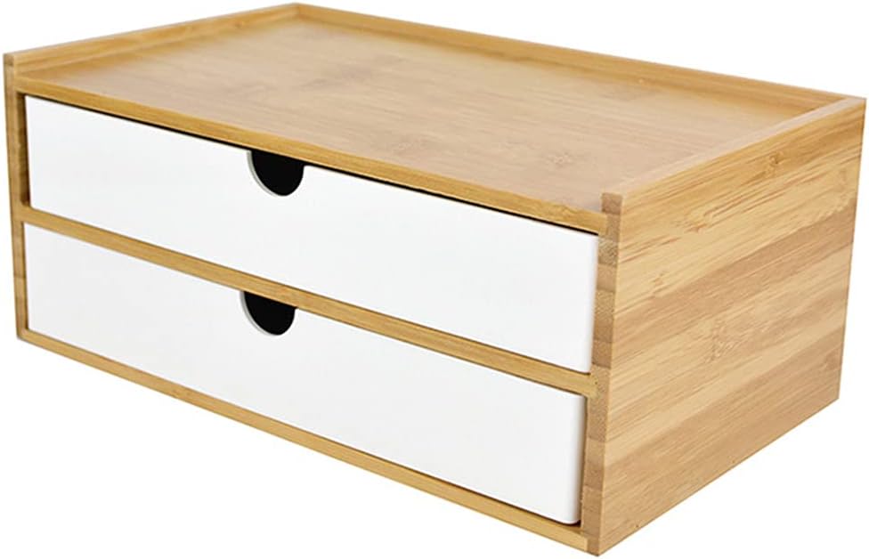 WAYUTO 2-Tier Bamboo Desktop Organizer Simple Wooden Tabletop Storage Organization Box Multi-Scene Drawer Units for Home Bathroom Office White 2-Drawer