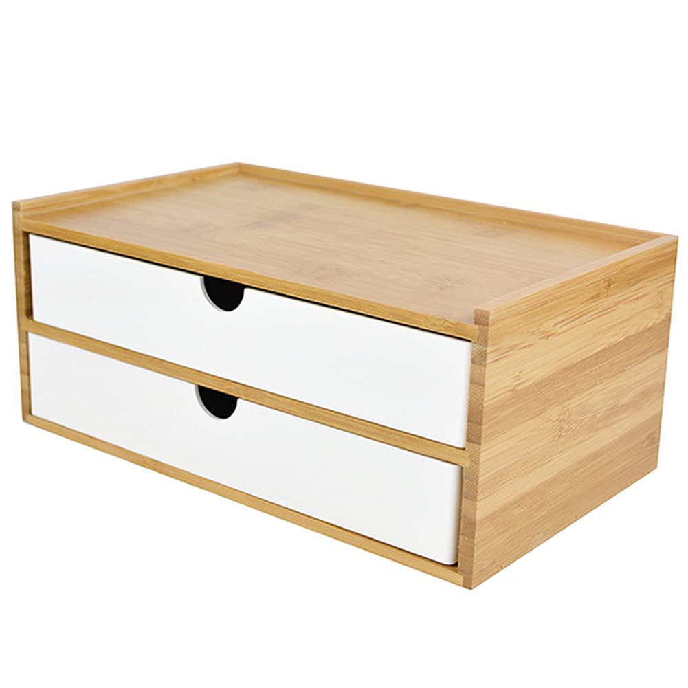 Wayuto Schreibtisch-Organizer aus Bambus, 2-stöckig, einfache Holztisch-Aufbewahrungsbox, mehrere Fächer, Schubladeneinheiten für Zuhause, Badezimmer, Büro, Weiß, 2 Schubladen