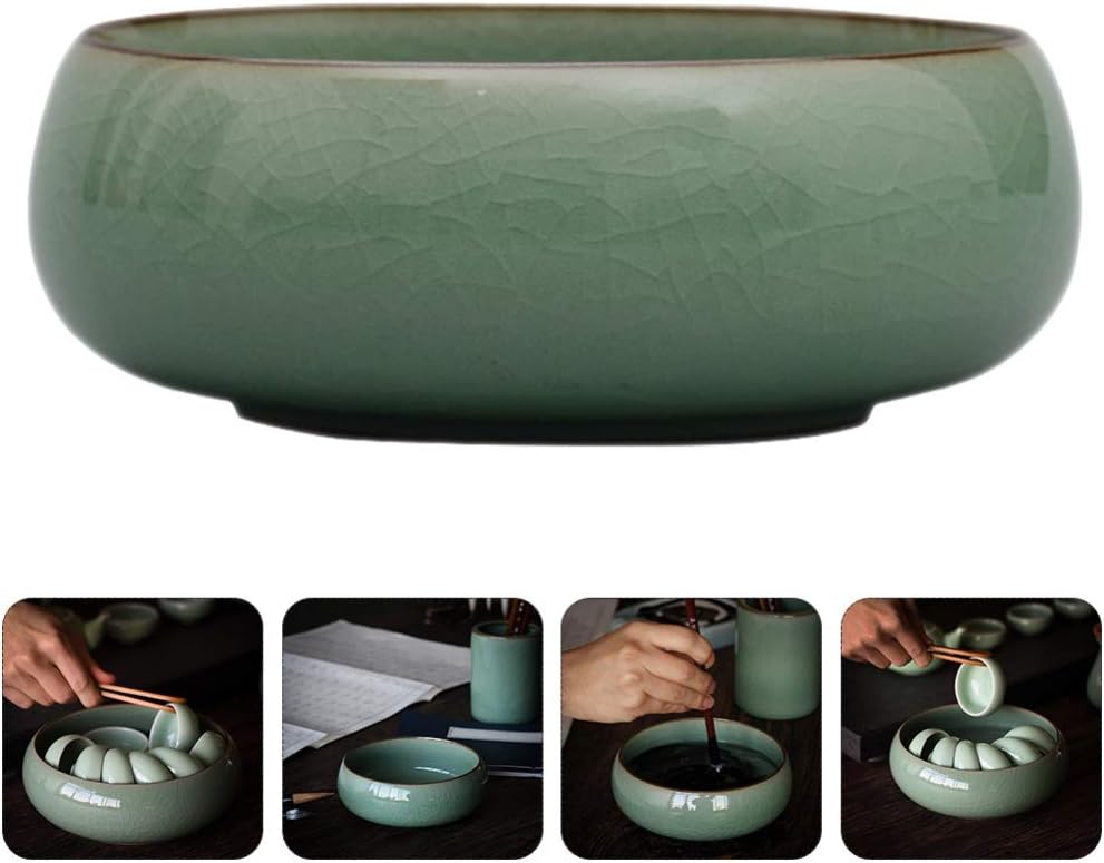 NUOBESTY Ink Brush Washer Celadon Water Pot Tea Basin Tea Ceremony Accessories Sumi-Brush Washer Celadon Pottery Porcelain Water Pot for Painting Calligraphy Accessories