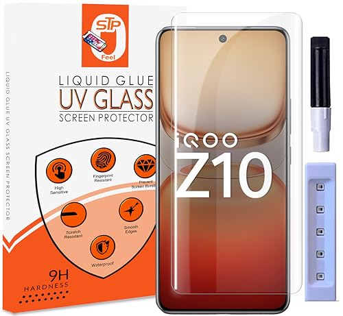Image of STP FEEL Premium UV Tempered Glass Screen Protector Guard Compatible For IQOO Z10 5G (6.77 Inch, Pack of 1) Full Adhesive UV Curved Case Friendly HD Clarity with easy installation kit for Smartphone