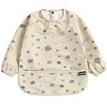 PewinGo Weaning Bib with Long Sleeves & BLW, Soft and Skin-Friendly Material, Coverall Bibs for Baby Feeding, Waterproof and Easy to Clean & Machine Washable,for Baby Infant Toddlers (Beige)