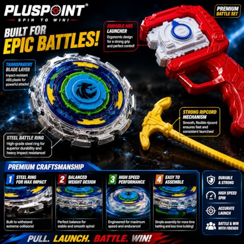 Image of PLUSPOINT Spining Battle Top Toy Set of 2 Tops and 1 Tray with Launcher and Grip, Metal Gyro Fighting Tops Starter Set for Kids, Competitive Spin Game Toy Gift for Boys and Girls Age 6+