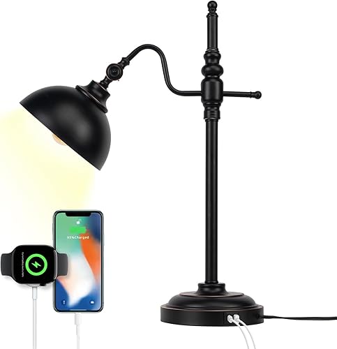 Lámpara industrial de escritorio, lámpara de trabajo de metal negro con 2 puertos de carga USB, estilo vintage de granja para dormitorio, café,