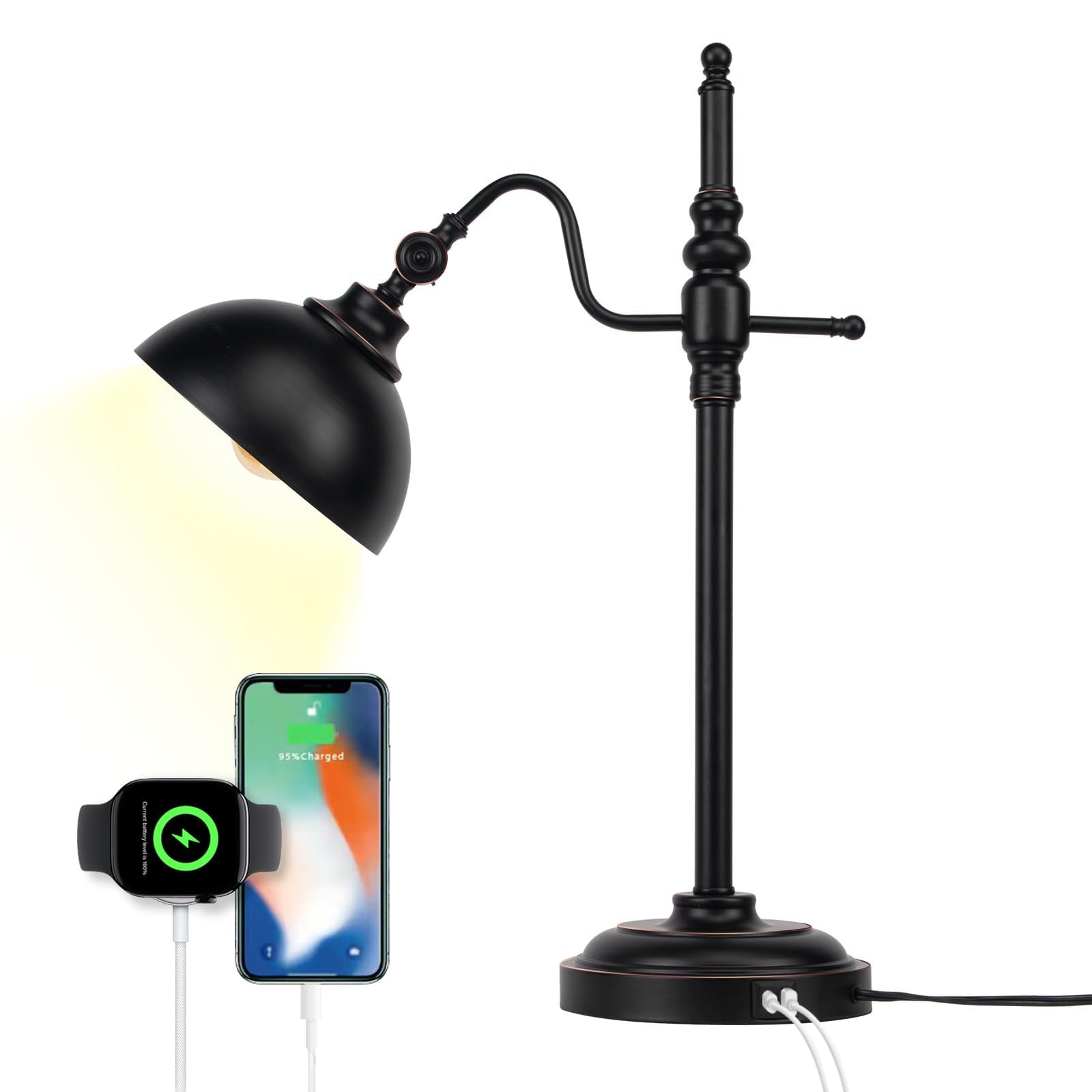 Przemysłowa lampa biurkowa – czarna metalowa lampa robocza z 2 portami ładowania USB, styl vintage do sypialni, kawy, sypialni