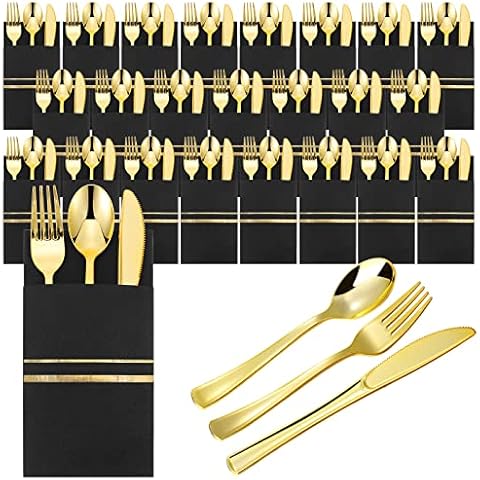 Ireer 25 Set Plastic Silverware Sets with Napkins Plastic Cutlery Set for Guests Wrapped Disposable Silverware Set with Forks Knives Spoons Napkins for Dinner Party Wedding (Black Gold) Cover