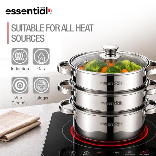 Image of Essential Plus Stainless Steel 3 Tier Steamer with Glass Lid (20cm), 3L Base Pot, Multi-Purpose Steamer for Momos, Modak, Vegetables and More, Compact Design - Induction and Gas Stove Ready