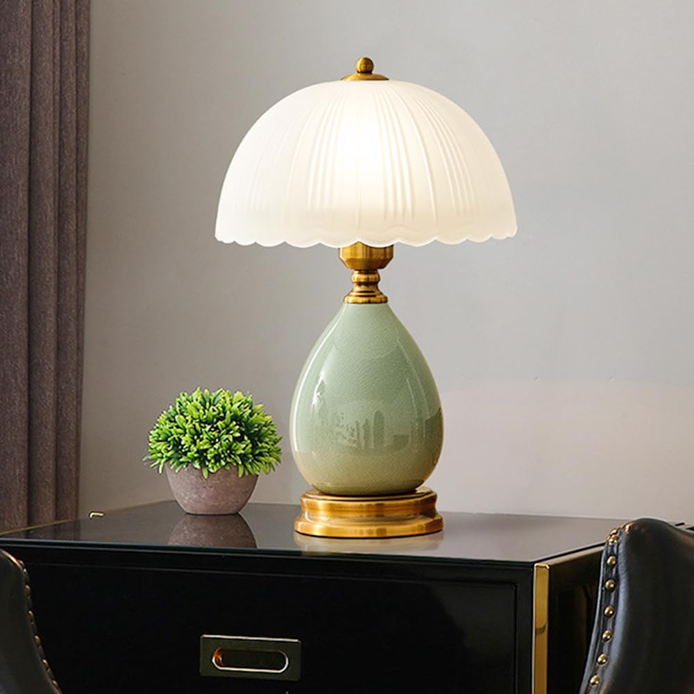 Lampada da tavolo moderna in ceramica, corpo lampada in ceramica, paralume in vetro, base in metallo, lampada da tavolo per soggiorno, adatta per camera da letto e soggiorno (Verde acqua)