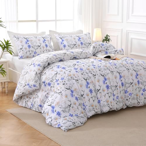 Image of MUXHOMO Blossom Blue Full Comforter Set, Elegant Floral Print Bed in a Bag 7 Pieces, Ultra Soft & Breathable Reversible Botanical Pattern Bedding Set with Comforter, Sheets, Pillowcases, and Shams