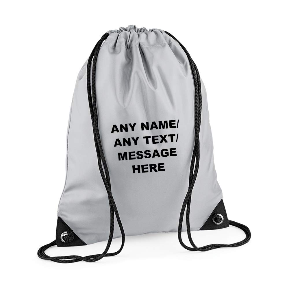 Getagift Personalised with your Own Any Name/Message/Text Premium Drawstring Bag, PE Gym Kit School, Swimming, Birthday/Secret Santa, PE Kids Sport Rucksack. (Light Grey)
