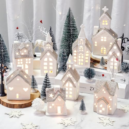 Spdmhyo Set of 28 Ceramic Christmas Village Sets 9 Pieces White House with 17 Pieces Snow Tree 2 Lamp Vintage Christmas Decoration for Mantle Table Top Decor (Classic)
