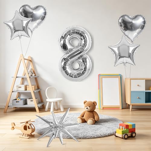 Image of TONIFUL 8th Birthday Balloons Kit 40Inch Silver Large Number 8 Foil Balloon | with 18Inch Helium Mylar Heart Star Balloons for Kids Women Men Birthday Anniversary Graduation New Year Eve Party Decoration