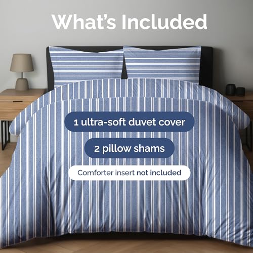 Image of Duvet Cover Full Size Set - Extra Soft Full Duvet Cover 80 inch x 90 inch with 2 Pillow Shams for Women, Men, Kids & Teens - Hotel Luxury w / Zipper Closures & Ties - Comfy, Cozy & Breathable (Blue Stripes)