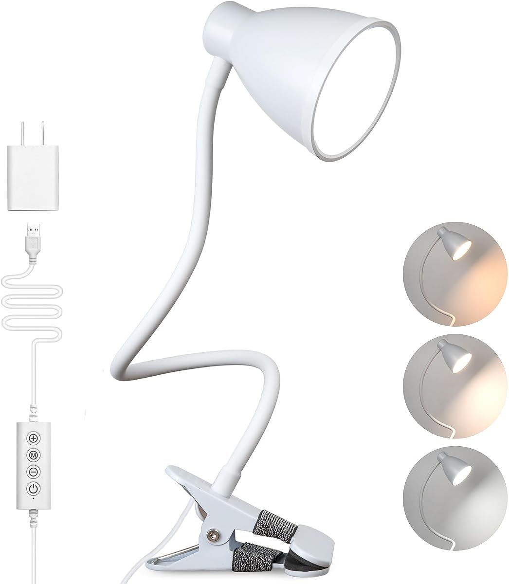 Lámpara de abrazadera BOHON 5 modos de color 10 Lámpara de noche con atenuador de brillo, blanca | Luz de lectura 10W 38 LED Lámpara de escritorio con temporizador de apagado automático Clip de cuello de ganso flexible de 360° en la luz para la oficina de la cama, adaptador incluido