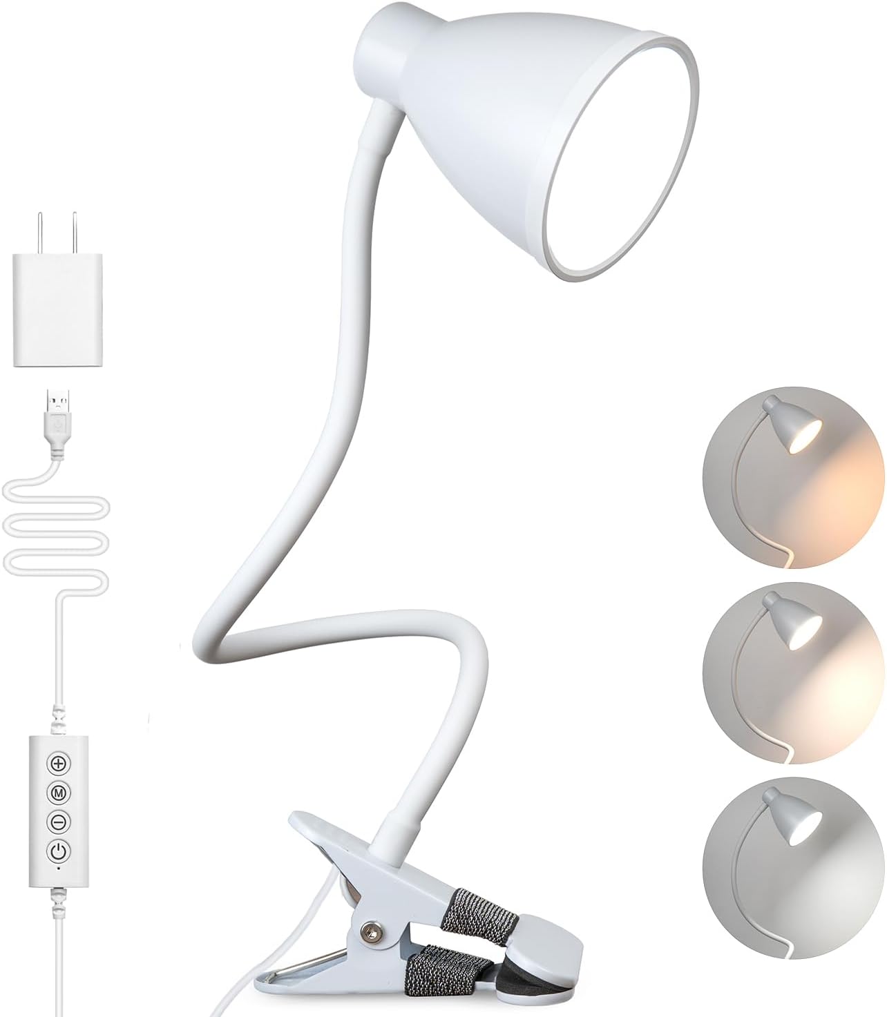 BOHON Clip-On Desk Lamp: 5 Color Modes, Stepless Dimming, 360° Gooseneck, Timer & Memory for Reading, Bedside & Office - White