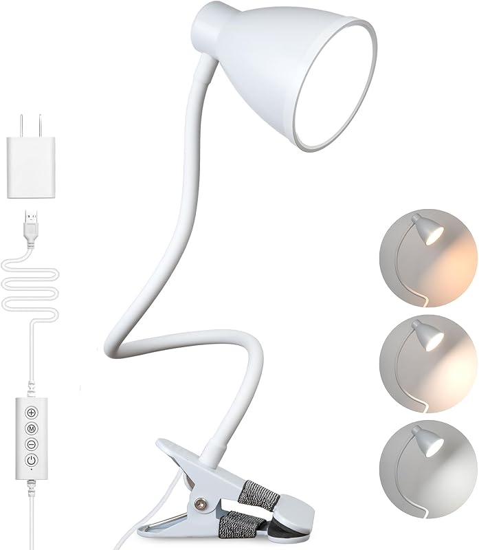 Lámpara de abrazadera BOHON 5 modos de color 10 Lámpara de noche con atenuador de brillo, blanca | Luz de lectura 10W 38 LED Lámpara de escritorio con temporizador de apagado automático Clip de cuello de ganso flexible de 360° en la luz para la oficina de la cama, adaptador incluido