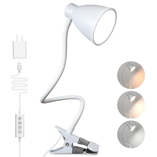 BOHON Clamp Lamp 5 Color Modes 10 Brightness Dimmer Bedside Lamp, White | Reading Light 10W 38 LED Desk Lamp with Auto Off Timer 360° Flexible Gooseneck Clip on Light for Bed Office, Adapter Include