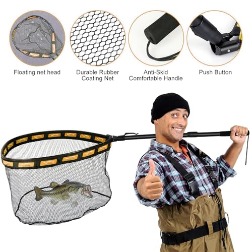 Image of PLUSINNO Fishing Net Fish Floating Landing Net, Kayak Nets with Fixed Foldable Telescopic Pole Handle, Bass Trout Fishing Nets with Nylon Mesh for Pond Lake River, Fishing Gear Gifts for Men Anglers