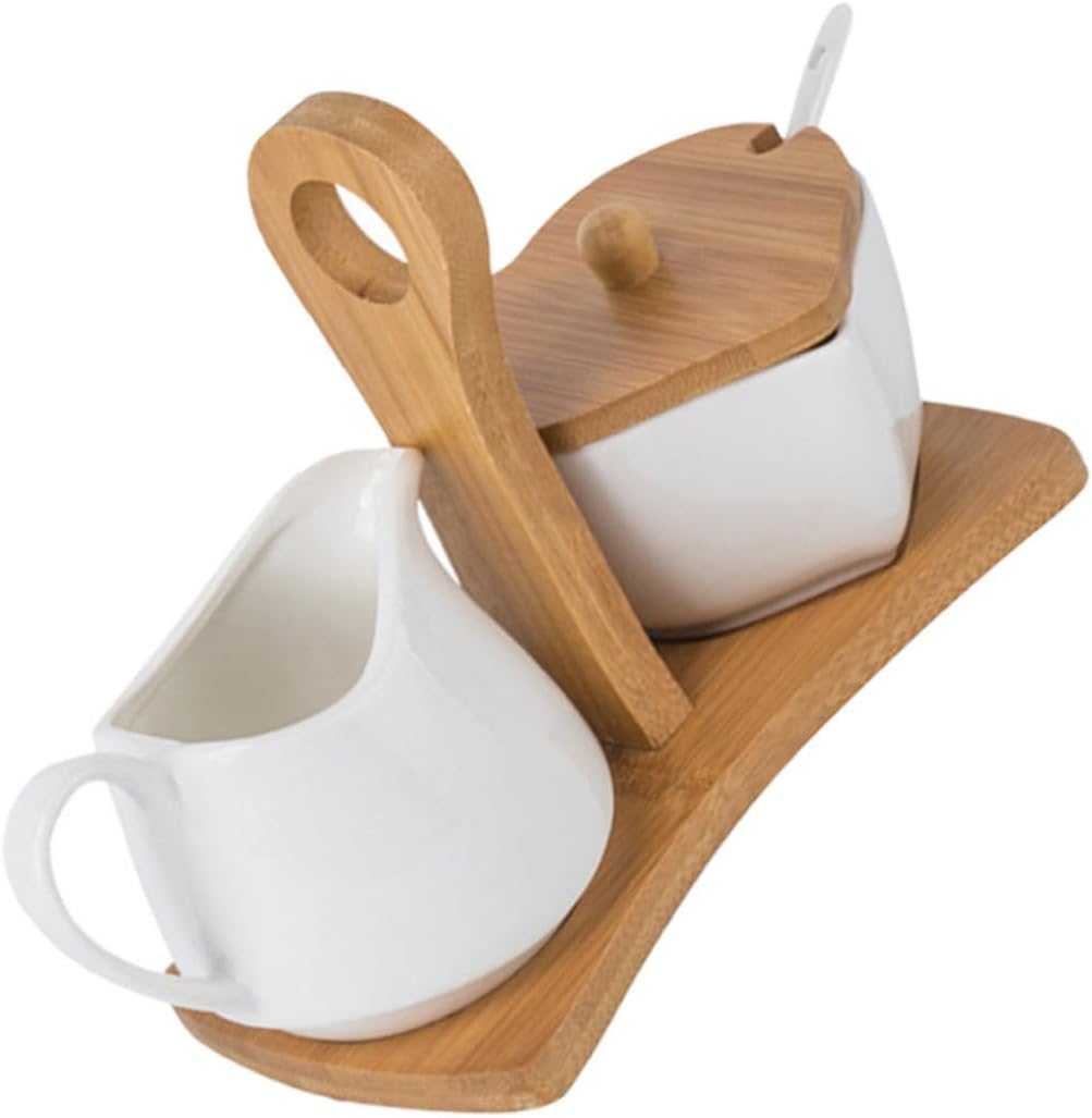 Alipis Household Ceramic Sugar Bowl and Creamer Set with Bamboo Handle and Spoon Simple White Porcelain Design for Tea and Coffee