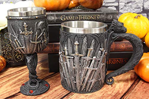 Ebros Set of 2 Medieval Valyrian Steel Blade Swords Wine Goblet Chalice With Entwined Dragons Stem And Iron Throne Dragon Tankard Mug Fantasy GOT Themed Accessory Party Prop Decors Ebros Set of 2 Medieval Valyrian Steel Blade Swords Wine Goblet Chalice With Entwined Dragons Stem And Iron Throne Dragon Tankard Mug Fantasy GOT Themed Accessory Party Prop Decors