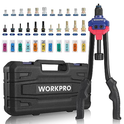 WORKPRO 16" Rivet Nut Tool, Nutsert Rivnut Tool Kit with 11 Metric and SAE Mandrels, 185pcs Rivnuts Assortment Kit with Carrying Case, Ideal for Sheet Metal & Automotive Work