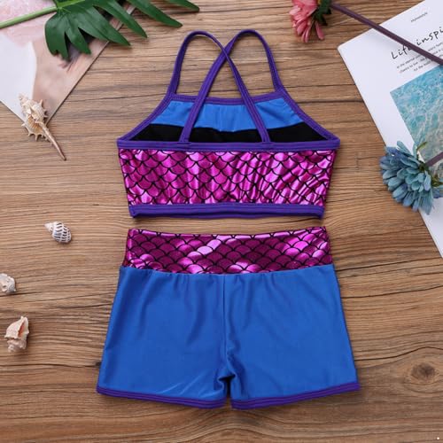 YEAHDOR Big Girls' 2 Pieces Gymnastics Dancing Outfits Crop Bra Top with Shorts Set Athletic Sports Actviewear Blue Mermaid Scales 10-12 Years4