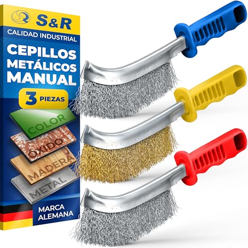S&R Juego de Cepillos Alambre Metálicos de 3 piezas - 1 Cepillo de Acero Inox - 1 Cepillo de Latón - 1 Cepillo de Acero - Cepillos Profesionales