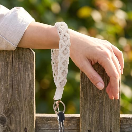 Bruislard 1 Stück Schlüsselband Kurz Boho Geflochtener Schlüsselanhänger Schlüsselbund Stoff Schlüsselanhänger Band Gehäkelt Handgelenk Lanyard Armband Schlüsselband für Frauen Damen(Weiß) – Bild 6