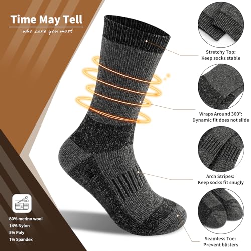 Image of Time May Tell Mens Merino Wool Hiking Cushion Socks Thermal Warm Crew Winter Boot Socks Pack (2 /4 Pair,6-13 Size)