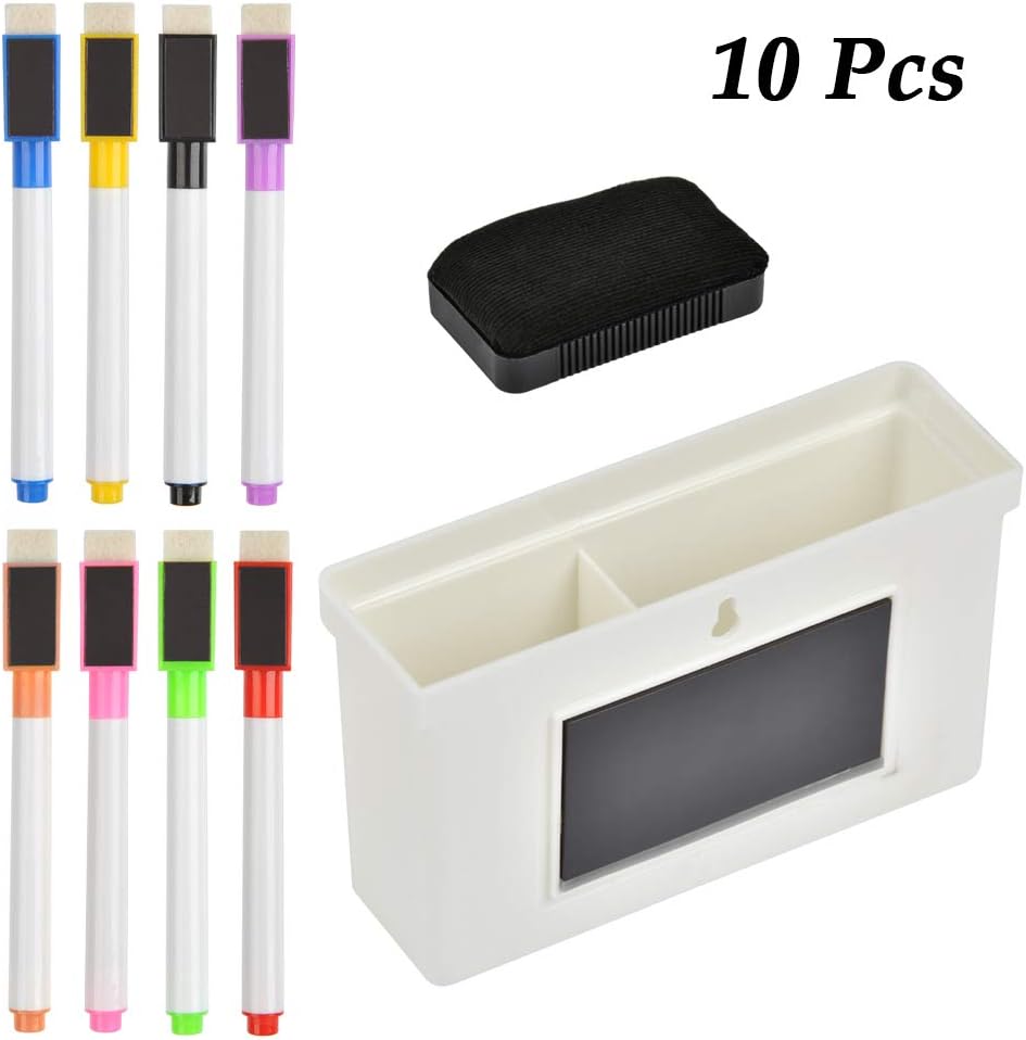 YOTINO 10 Whiteboard Marker Pens Set | 8 Pcs Colorful Magnetic Dry Wipe Whiteboard Marker Pens with Eraser + 1 Whiteboard Magnetic Plastic Holder + 1 Whiteboard Eraser | School Office Home