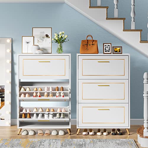 Tribesigns Shoe Cabinet,Shoes Storage Cabinet With 3 Flip Drawers,Modern Tipping Bucket Shoe Cabinet,White And Gold Narrow Shoe Rack Cabinet For Entryway #TOP2