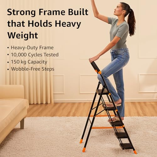 Image of Amazon Basics Curvo-Foldable Step Ladder, Ribbed Steps, Knee Guard, Non-Marring PVC Shoes, 5 Steps (Black & Orange)