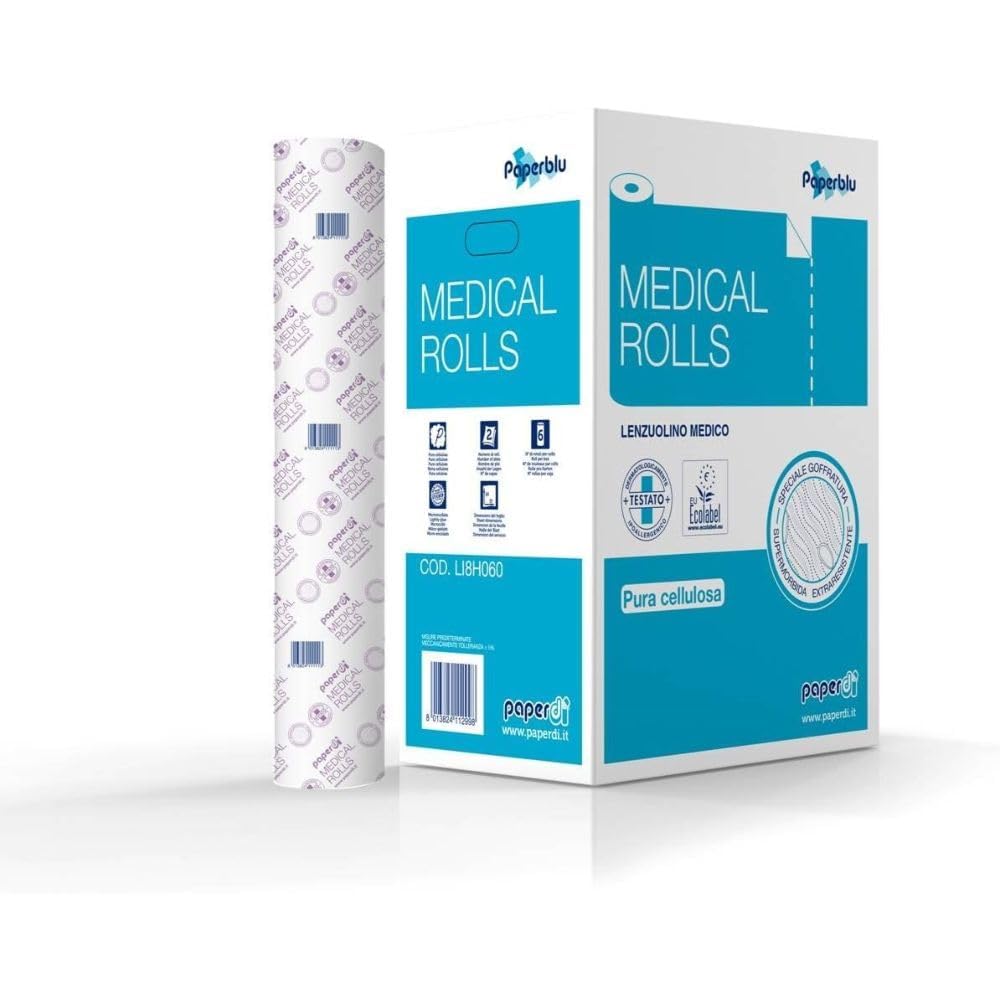 6 Rotoli Carta Lettino Massaggio 60 cm, Lenzuolino Medico Certificato in Pura Cellulosa, Copri Lettino Professionale per Studi Medici ed Estetici, 6 Rotoli da 70 Metri