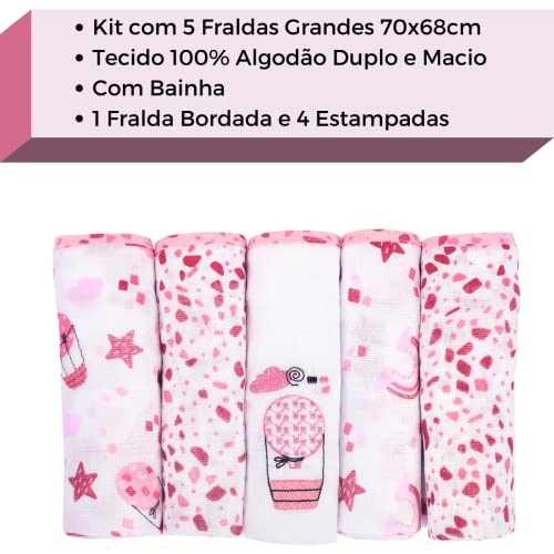 Fralda de Pano Bordado com Estampado e Bainha Kit 5 Unidades 70x68cm Minasrey Capadócia (Rosa)