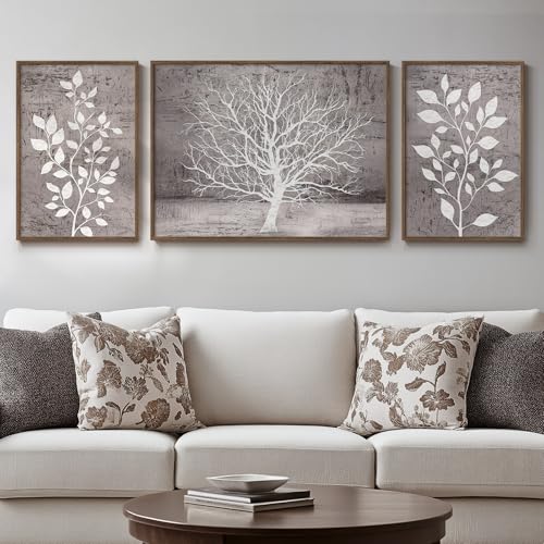 Framed Tree of Life Wall Art for Living Room, 3 Piece Large Neutral Modern Farmhouse Tree Canvas Painting Prints, Rustic Botanical Leaf Pictures for Bedroom Dining Room Wall Decor, Total 64x24 In