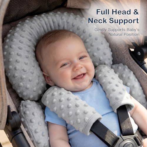 Image of Pro Goleem Infant Car Seat Head Neck Body Support, Ultra-Soft Minky and Microfiber Newborn Car Seat Strap Pads, Perfect for CarSeat, Stroller, 2-in-1 Reversible, for Boys and Girls, Gray