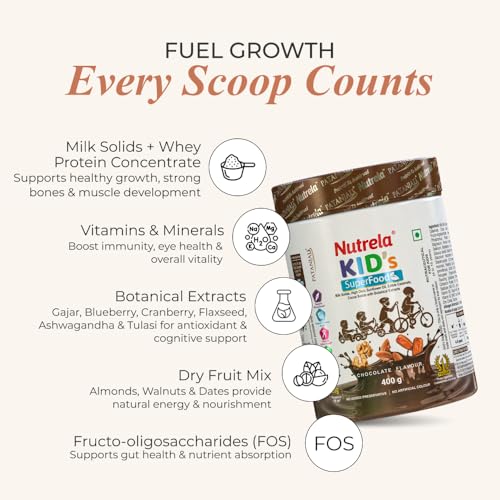 Image of Nutrela Kids Protein Powder - 400g, Chocolate Flavour | Helps in Memory and Brain Development | Improve Muscle Mass, Bone and Teeth Strength | Ideal for 4 to 15 Years | Pack of 3