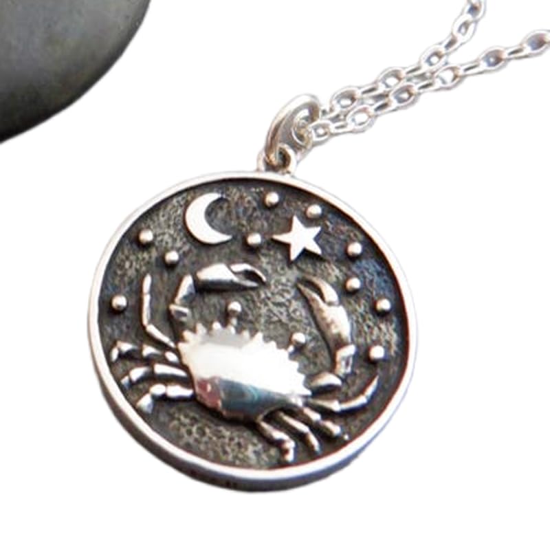 LKBEADS Collar de plata de ley 925 con diseño de Cáncer. Signo zodiacal del cangrejo, símbolo astrológico, cuerpo planetario regente, Luna, moneda de doble cara | Cadena de 45 cm | Chapado en plata |