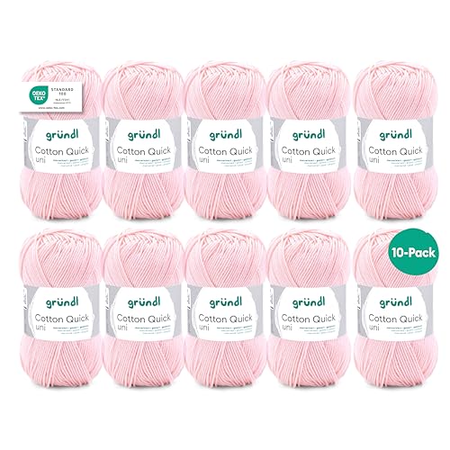 Gründl Wolle Cotton Quick uni - dünne Wolle zum Häkeln - Strickgarn - Häkelgarn - Glänzend und hautfreundlich - 100% Baumwolle - 10 Knäuel 50 g / 125 m - Nadelstärke 3-4 - Hellrosa