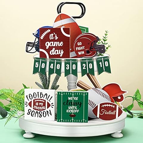 10 Pieces Football Farmhouse Tiered Tray Decor Wooden Rustic Football Game Day Sign Go Fight Win Helmet Blocks Football Tray Decor Set for Football Season Table Home Party Farmhouse Decorations Cover