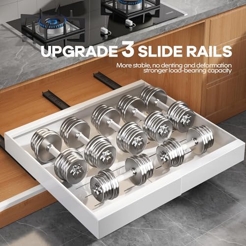 2 Pack Expandable Pull Out Cabinet Organizer 21"Deep With Raising Pad for Framed Cabinets,Upgrade 3 Slide Rails Slide Out Drawers,Roll Out Shelves Adhesive,Adjustable Width 15.15"-26.3" White