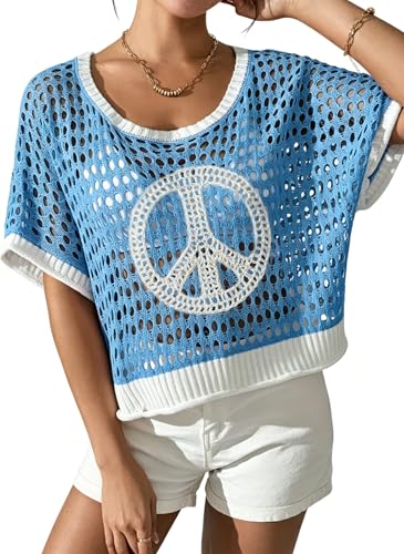 Image of OCSTRADE Summer Crochet Tops for Women Boho Crop Hollow Out Sweaters Beach Vacation Knit Cover Ups