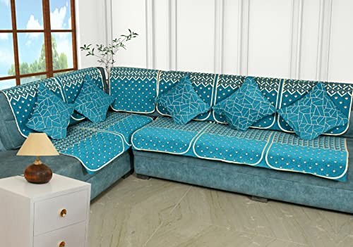 Image of Premium 5 Seater Printed Sofa Cover Set 3,1,1 Seater 10 Pieces Sofa Back Slip Panels, Protector for Single Seater (Sky Blue, L Shape with Cushion Cover)