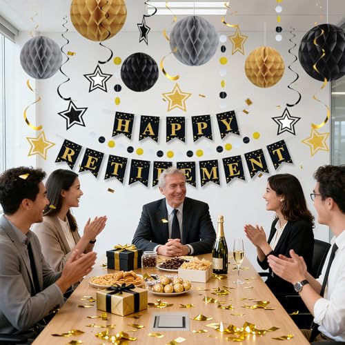 Image of Happy Retirement Party Decorations for Men Women Black Gold Happy Retirement Banner Honeycomb Balls Pentagram Hanging Swirl Streamers Circle Dots Garland