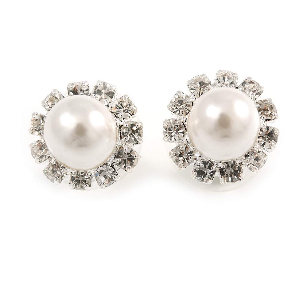 Snow-White Crystal Faux Pearl Stud Earrings