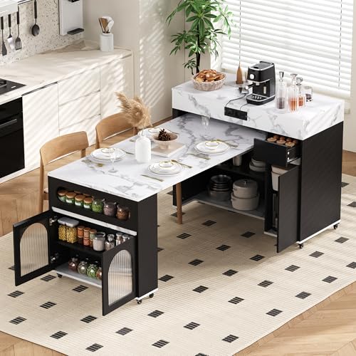Table à Manger Extensible avec Prise de Courant et Port USB, Desserte Îlot de Cuisine à Roulettes, Table de Bar avec Multiprises et Rangement, Buffet pour la Cuisine et la Salle à Manger (Noir-35B)