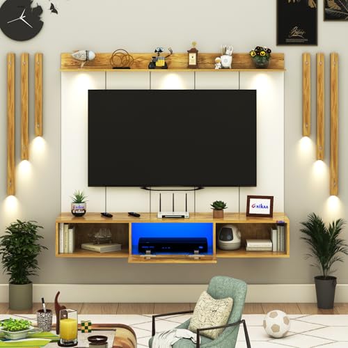 Image of Anikaa NovusPro Engineered Wood Wall Mount TV Unit with PVC Back Panel, Acrylic Blue LED Storage Box, Side Wooden Accent Spot Light Panels I Deal for Up to 50 Inch TV (Giantwood - DIY Installation)