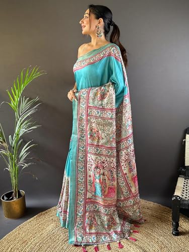 Image of Panzora Women's Tussar Silk Madhubani Printed Saree With Unstitched Blouse Piece