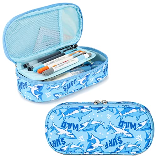 Image of Bagseri Pencil Case for Boys - Cute Pencil Case for Kids Large Capacity Pencil Pouch Organizer Multi-Slot Pencil Box for School, Pen Case Only (Blue Shark)